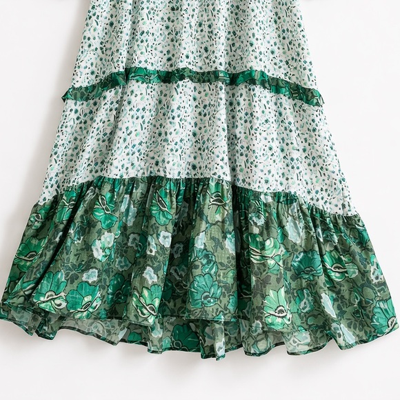 R Vivimos Green Floral Boho Maxi Dress Size L 12/14 Long Sleeve Side Slit - Picture 5 of 5